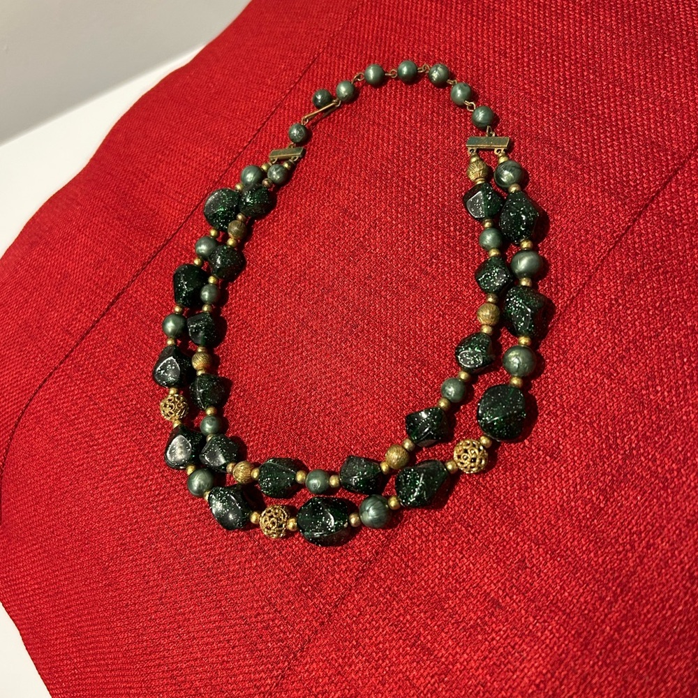 Vintage Green & Gold Bead Necklace